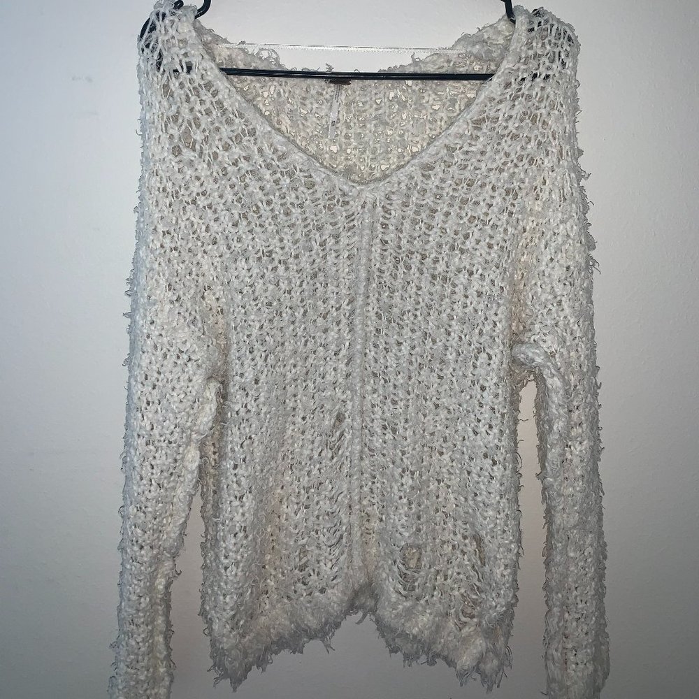 White Distressed Oversized Sweater